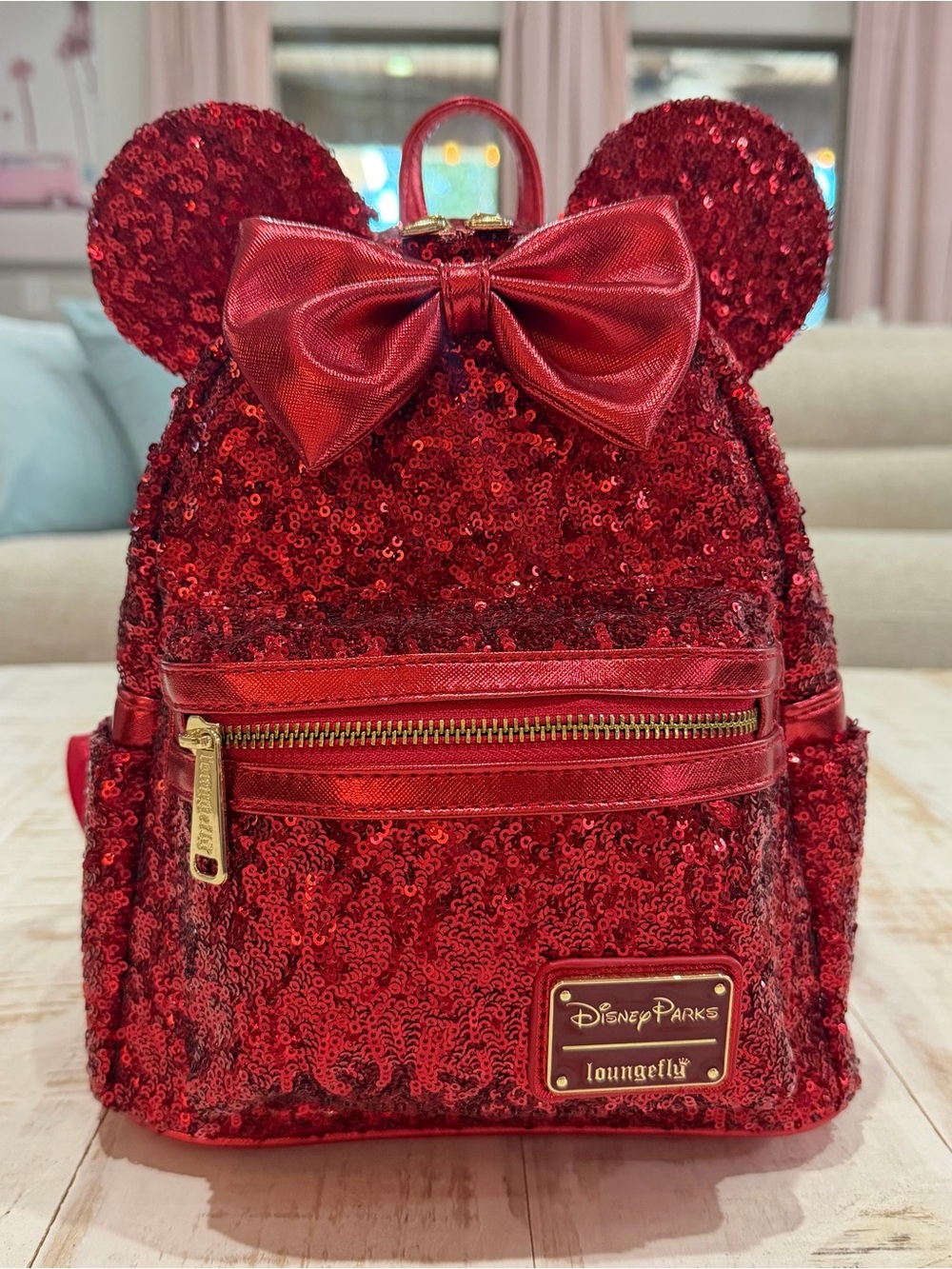 Disney Parks Loungefly Red Sequin Mini Backpack with Gold Plaque Minnie Mouse